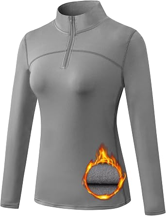 Womens 1/4 Zip Fleece Pullover Jacket Athletic Ski Base Layer Thermal Shirts Cold Weather Running Gear Winter