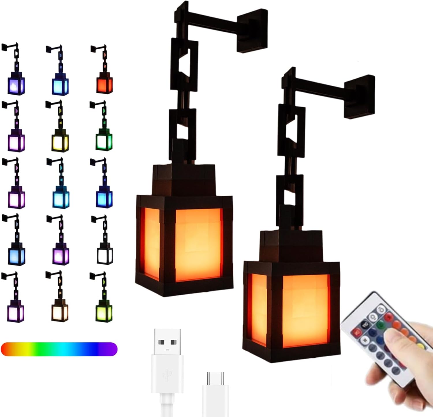 Pixelated Lantern LED Night Light, 16-Color Led Wall Mood Night Light with Remote Control, Rechargeable Table/Wall Night Lamp, for Bedroom & Home Decoration (with Chain*2)