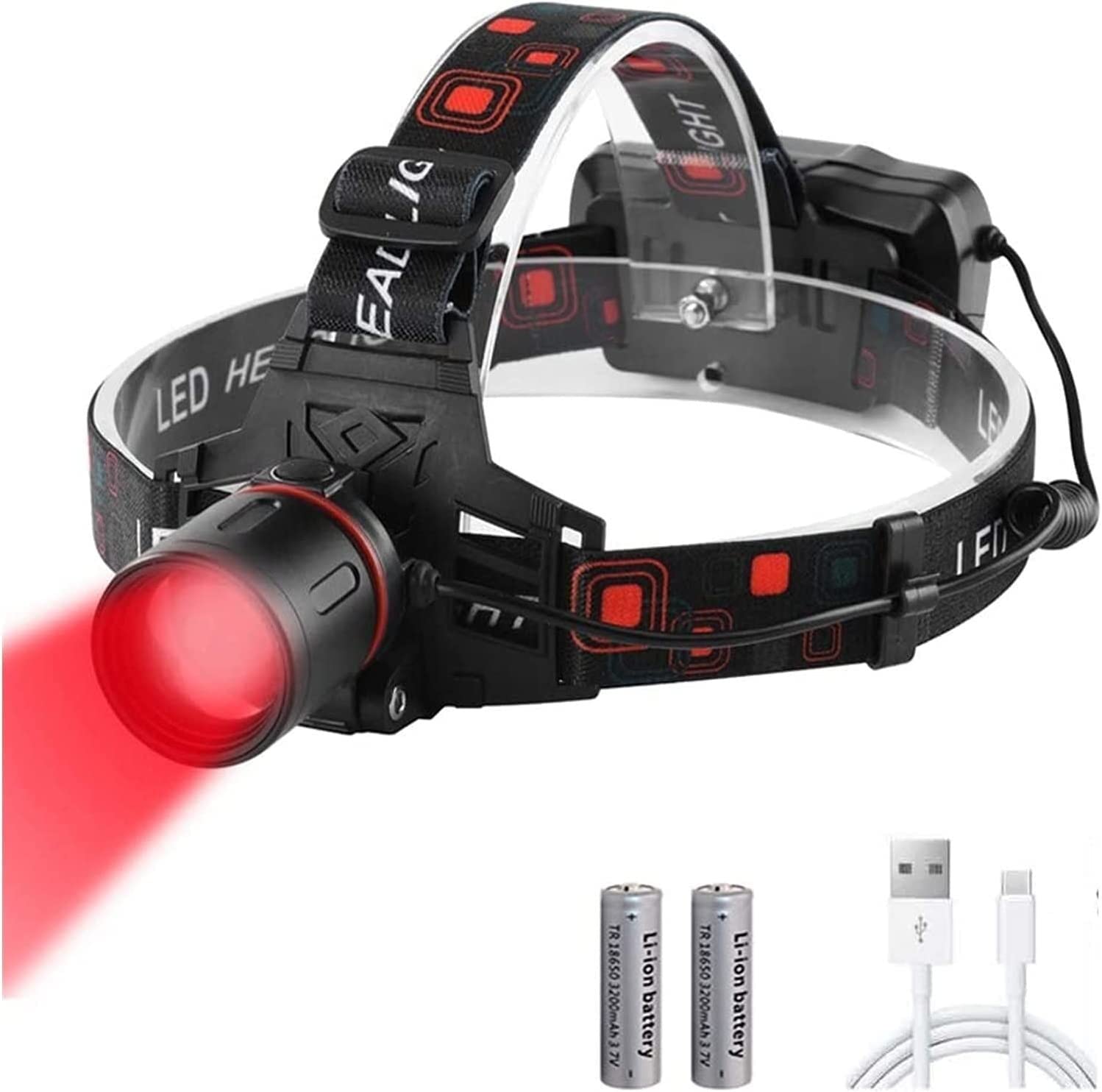 Latarka czołowa czołówka， Latarka czołowa z czerwonym światłem Czerwona dioda LED Latarka czołowa z możliwością ładowania przez USB Super jasna latarka czołowa