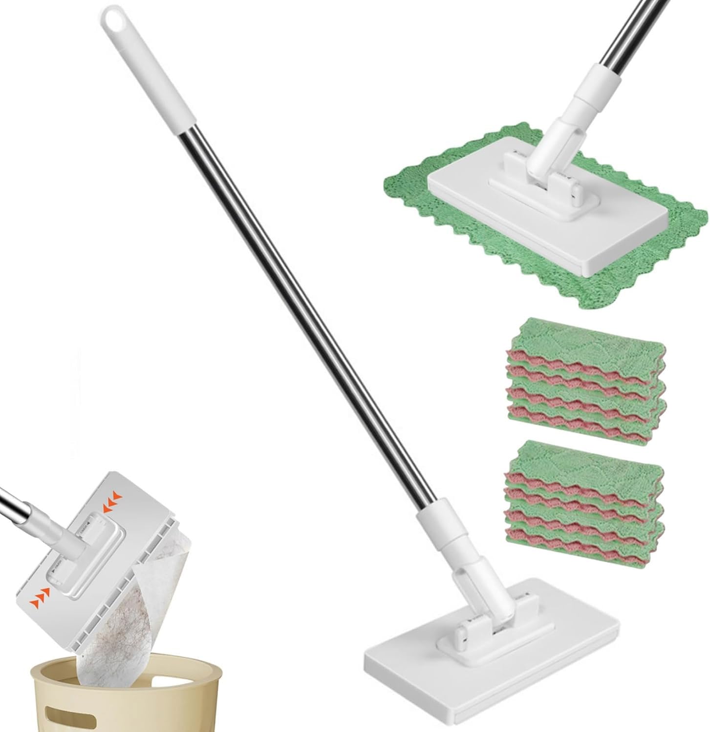 39.4" Hands-Free Multi-Purpose Flat Mop, Snap Grip Mini Mop, Zero Touch Mini Mops, Automatic Cloth Changing Mini Mops, Hands-Free Lazy Mop Clip-On with 10 Reusable Cloths for Bathroom Kitchen