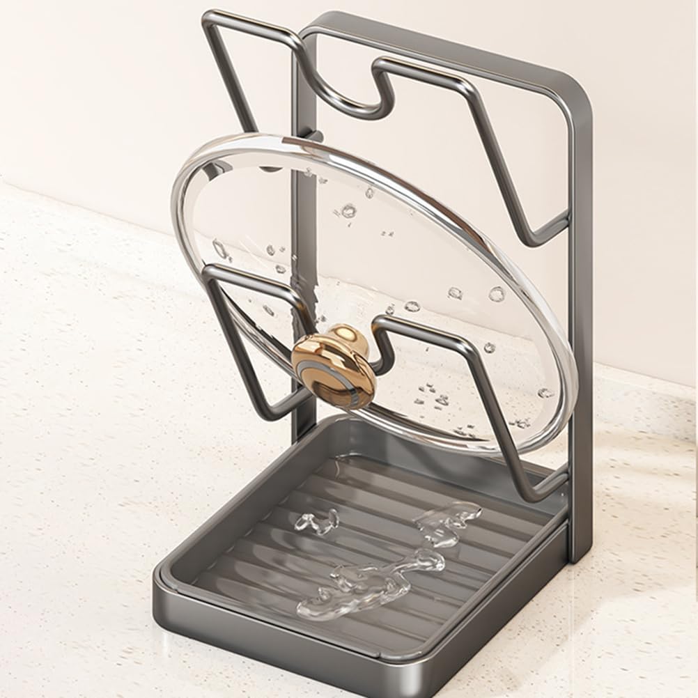 Kitchen Pot Lid Storage Rack,Kitchen Pot Lid Holder Organizer Storage Rack Drip Tray On Counter for Cooking,Multifunctional Utensils Pan Pots Cover Lids Rack Shelf (Gray, Double-layer)