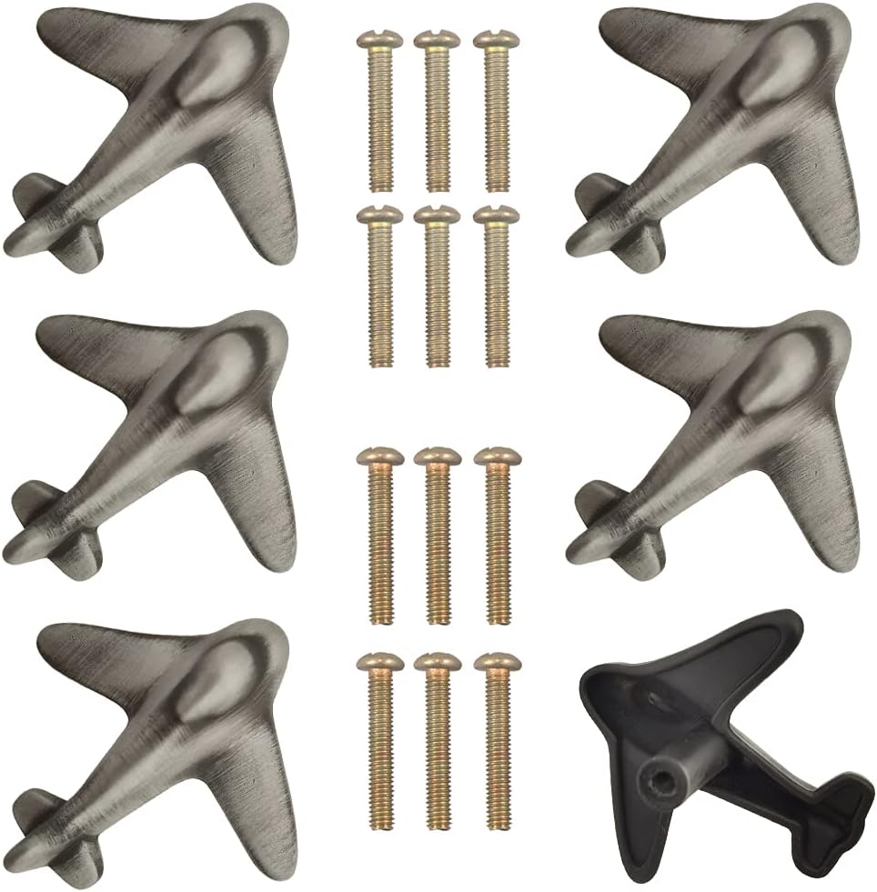 6 Pack Airplanes Knobs Door Handle Cabinet Pull Dresser Single Hole Plane Shape Knobs Handles Drawer Pulls for Furniture (Ancient Silver)