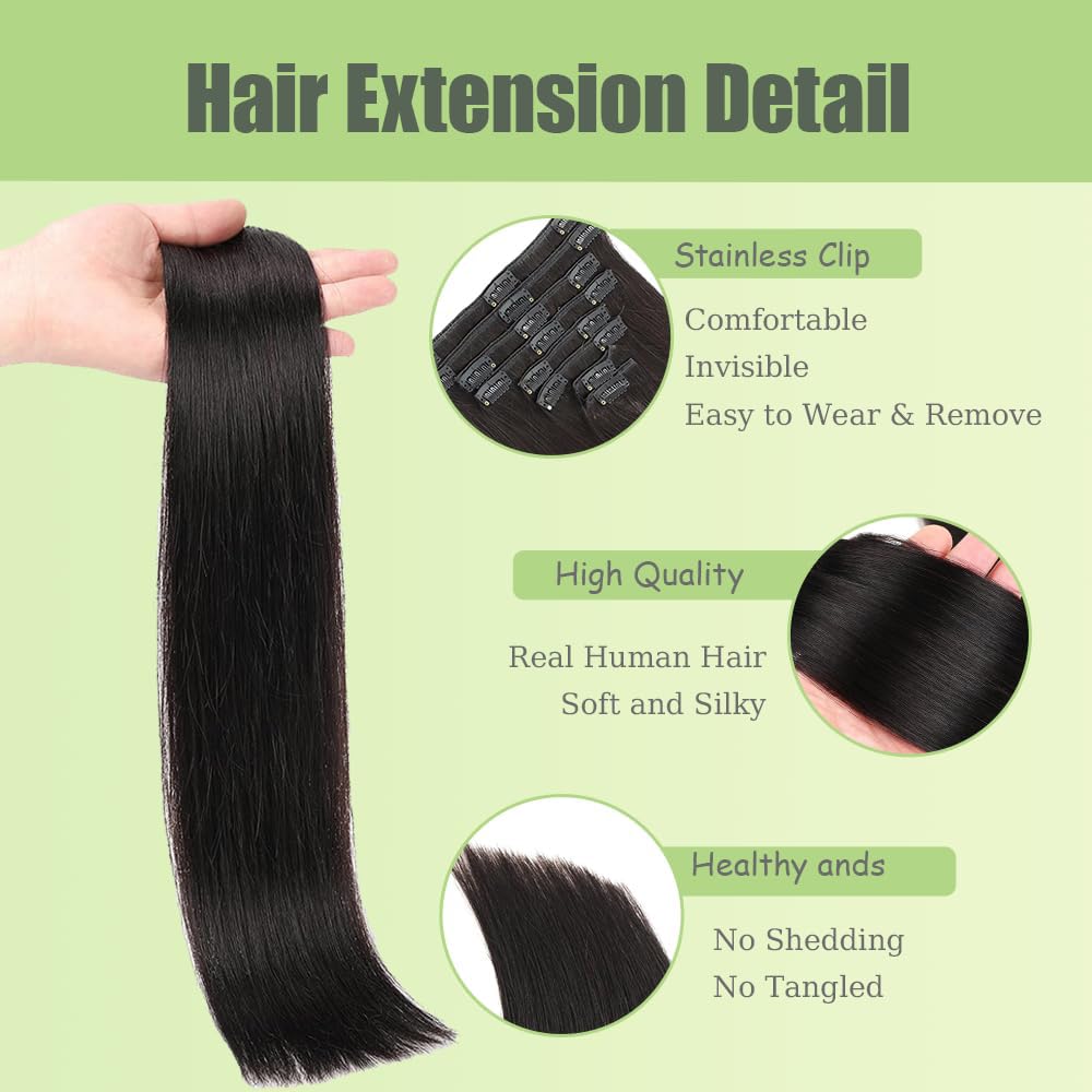 Straight Clip in Extensions Echthaar Haarverlängerung Remy Human Hair Menschenhaar Echthaar Extension Clips #1B Natural Black 120g 7Pcs Per Pack for Woman 18 Inch