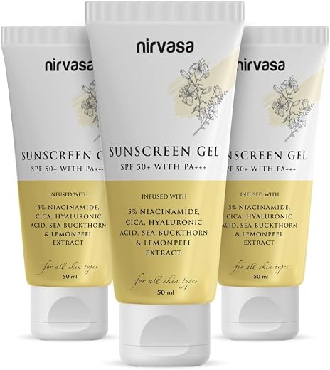 Nirvasa SPF50+ Sunscreen Gel (3x50ml) with 5% Niacinamide | Broad Spectrum UVA/UVB Protection, PA+++ | Lightweight, Non-Gr...