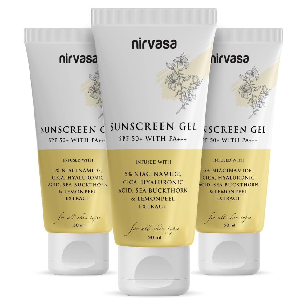 Nirvasa SPF50+ Sunscreen Gel (3x50ml) with 5% Niacinamide | Broad Spectrum UVA/UVB Protection, PA+++ | Lightweight, Non-Gr...