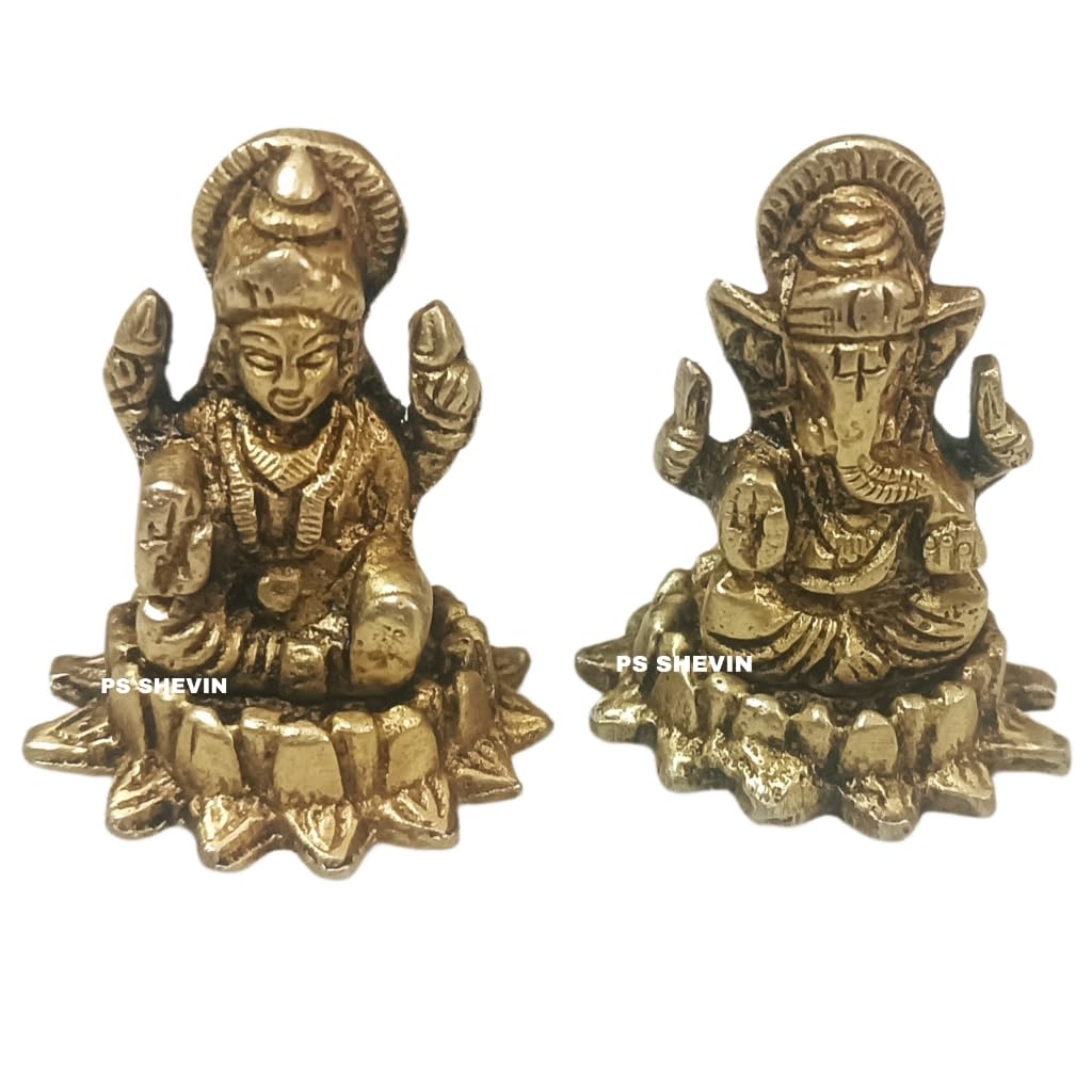 Yashvin Brass Goddess Lakshmi/Laxmi & Lord Ganesha Idol on Lotus Flower Small