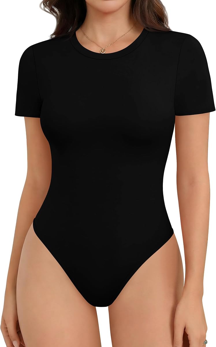 Laughido Women's Crew Neck Short Sleeve Basic Bodysuit Tops