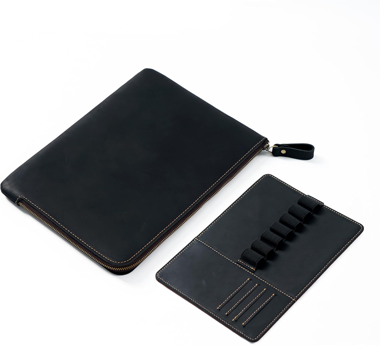 Genuine Leather Zip Pen Case Creative 7 Slots Pen Case With Removable Pen Tray Holder Pencil Case (Black)