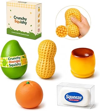 Crunchy Squishy 5-Pack Peanut, Mango, Soap, Pudding & Orange. Bead-Filled ASMR Stress Toys, Non-Rebound & Moldable, Perfect for Adults & Party Favors