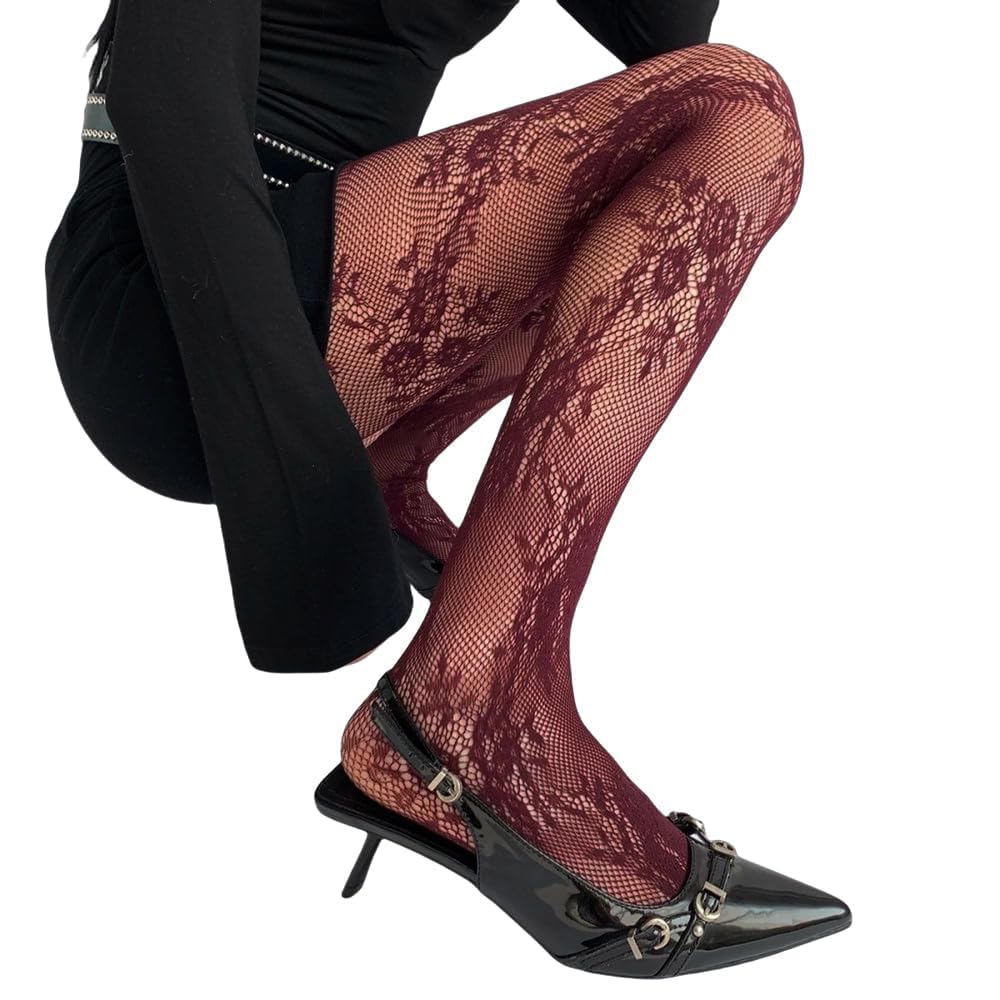 Feng Shui， Collant da Donna con Motivo Floreale in Pizzo, Calze, Leggings a Rete a Rete con Fiori Vuoti, Rosa, graziosi Collant Lolita