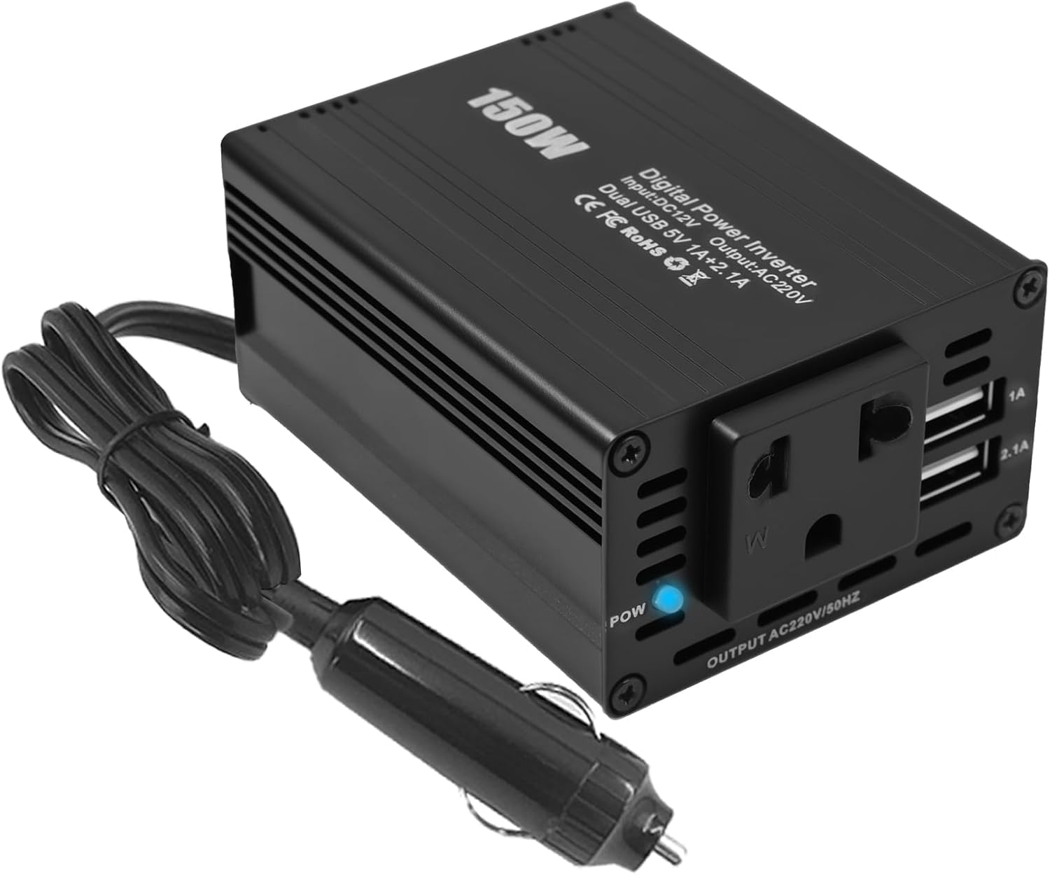 Onduleur de Voiture 150 W DC 12 V vers AC 230 V avec 2 Ports USB et Allume-Cigare, idéal pour Le Camping, Les Voyages et l'alimentation de Secours (Noir)