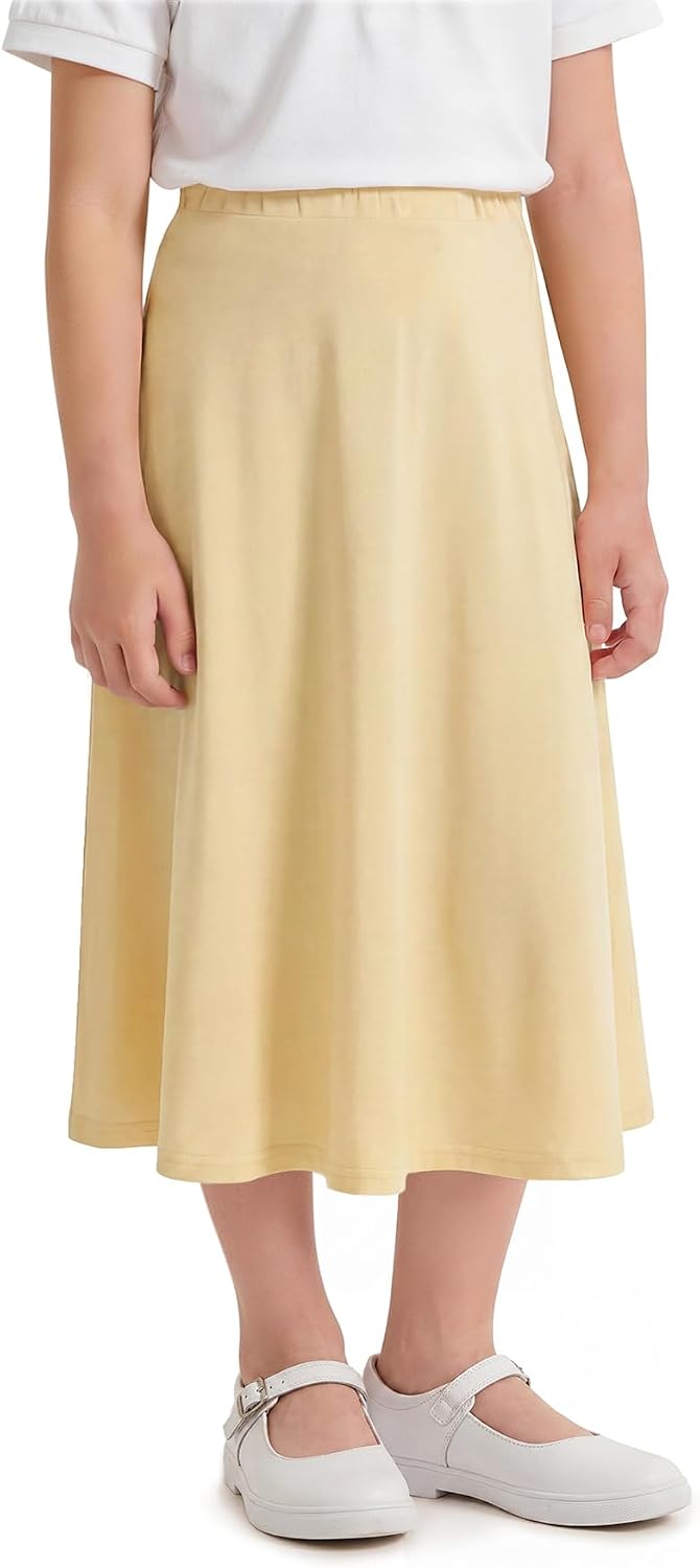 Zando Maxi Skirts for Girls 6-14 Y A-Line Flowy Swing Ankle Length Long Skirt with Elastic Waist Slinky Knit Casual School