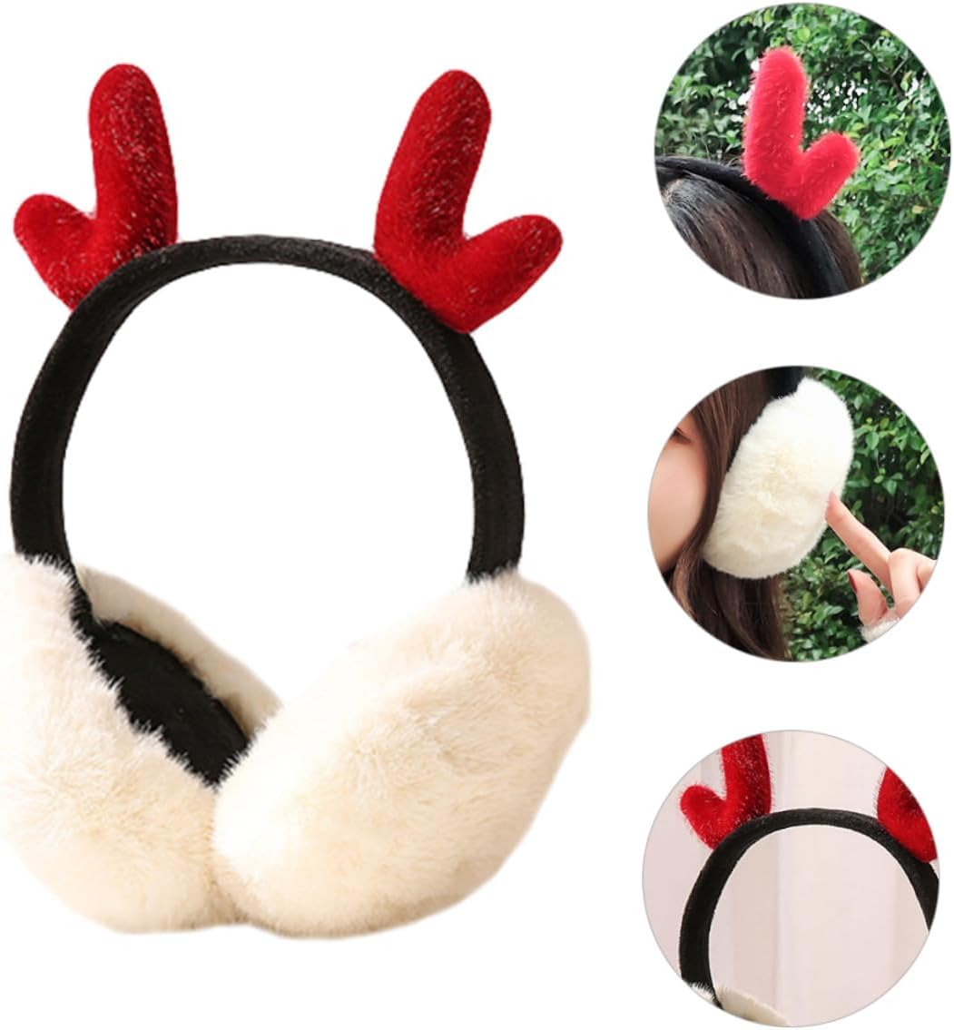 Alipis Ladies Winter Earmuffs Plush Ear Warmers with Foldable White Headband and Festive Antler Decor Soft Ear Covers for Outdoor Cold Weather