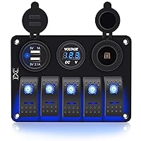 Vista 1 de FXC Interruptor basculante de barco marino impermeable, panel de aluminio de 5 segmentos con ranura USB dual 3.1A + medidor de voltios, luz LED azul