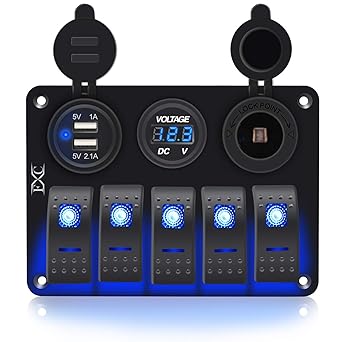 FXC Waterproof Marine Boat Rocker Switch Aluminum Panel 5 Gang with Dual USB Slot Socket 3.1A + Volt Meter Blue LED Light for Car Rv Vehicles Truck KG0149-5B Blue