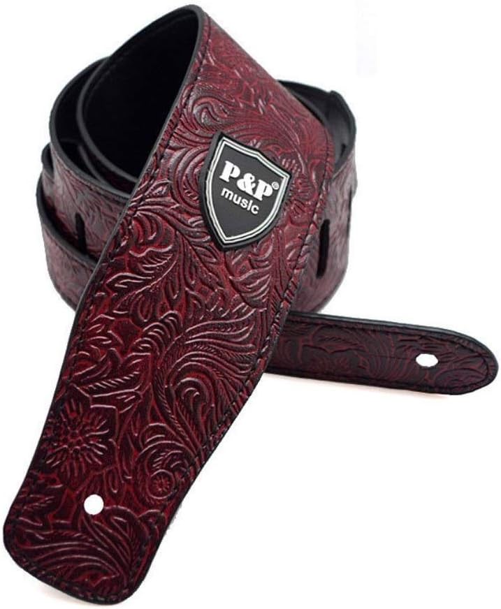 Personalized Embossed Guitar Strap Split Connection Widened Thickened Electric Guitar Strap Wear-resistant Electric Bass Strap Folk Guitar Belt (Red Brown Embossed)