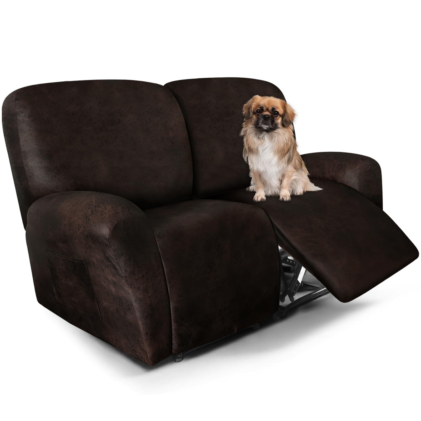 ANARACHON Leather Look Loveseat Recliner Covers Stay in Place 6-Piece Recliner Sofa Slipcover 2 Seater Reclining Couch Cover Furniture Protector Spandex Fabric Washable (Recliner Loveseat,02Coffee)