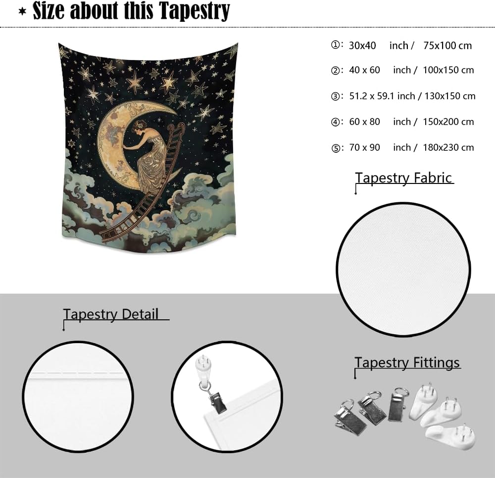BZWAPQ Dark Vintage Aesthetic Celestial Goddess Tapestry Boho Ladder to The Moon and Stars Print Tapestries Gothic Art Nouveau Wall Hanging Decor for Living Room Dorm Apartmentwhite30x40inch