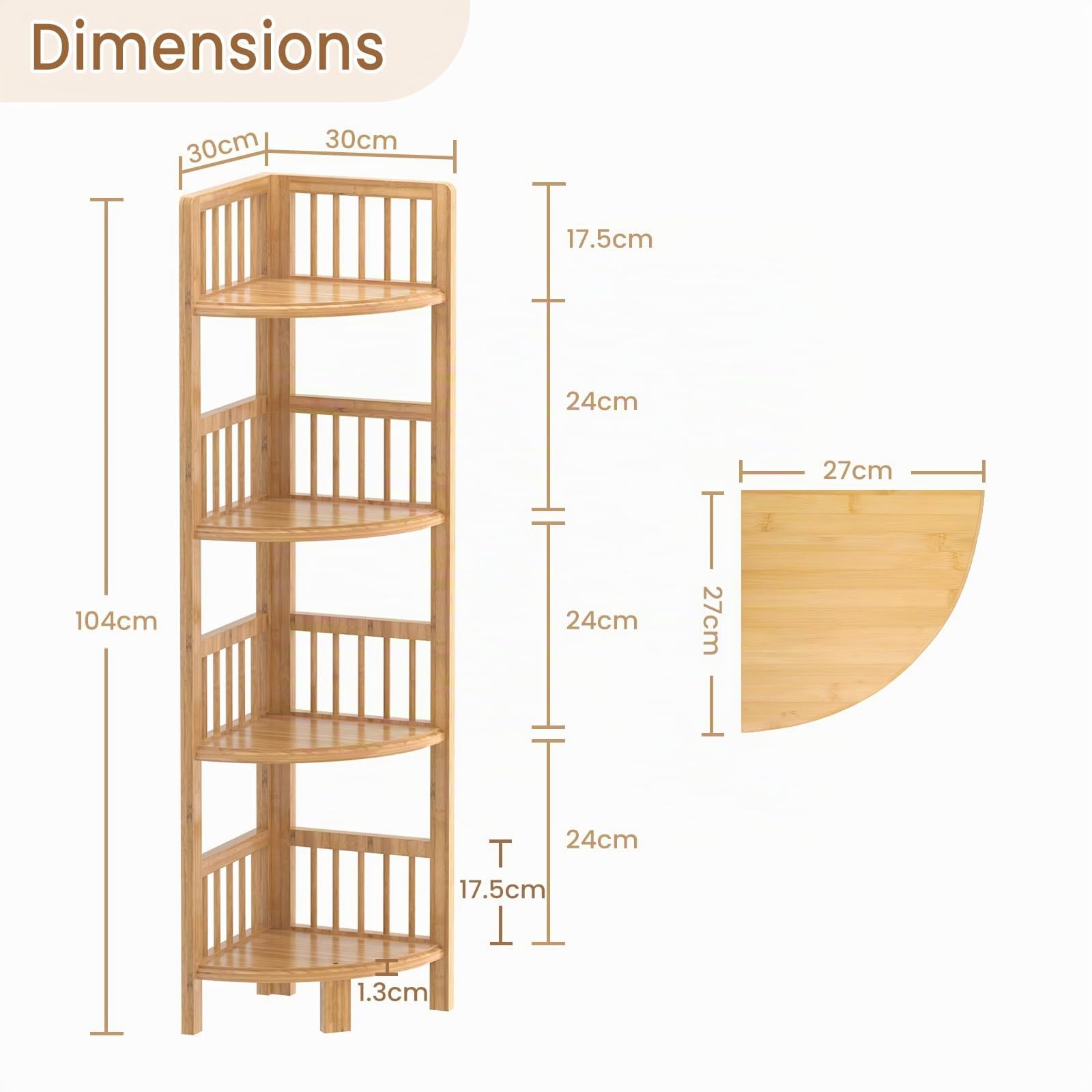 Dripex Étagère d'angle en Bambou, revêtement Verni, Stable et Durable, Meuble d'angle pour Toutes Les pièces, 30 x 30 x 104 cm