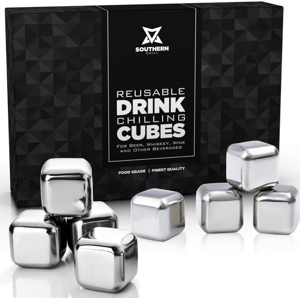 Whiskey Stones Luxury Gift Set - Stainless Steel Rocks - Reusable Ice Cubes with Barman Tongs and Freezer Tray | by Southern Chill