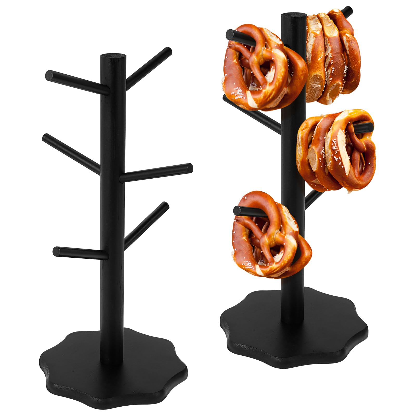 FALESOUL 2Pcs Pretzel Holder Stand, 13 Inch Donut Holder Display 12 Donuts, Wood for Pretzel Display and Hanging Sausage Stand, Reusable Clear Donut Display Rack for Shower Birthday Party (Black)