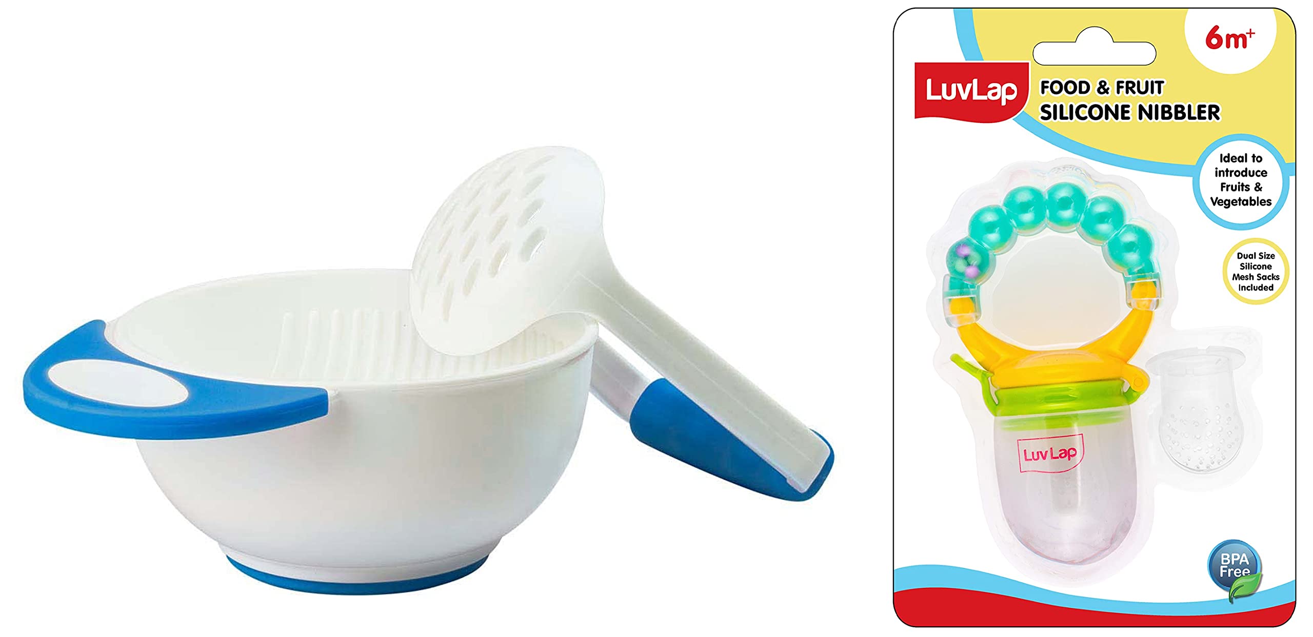LuvLap Baby Food Grinding Cum Feeding Bowl, Portable Baby Food Masher & Serving Bowl for Baby Weaning Food Preparation (White & Blue) & Pearly Food & Fruit Nibbler-image-6