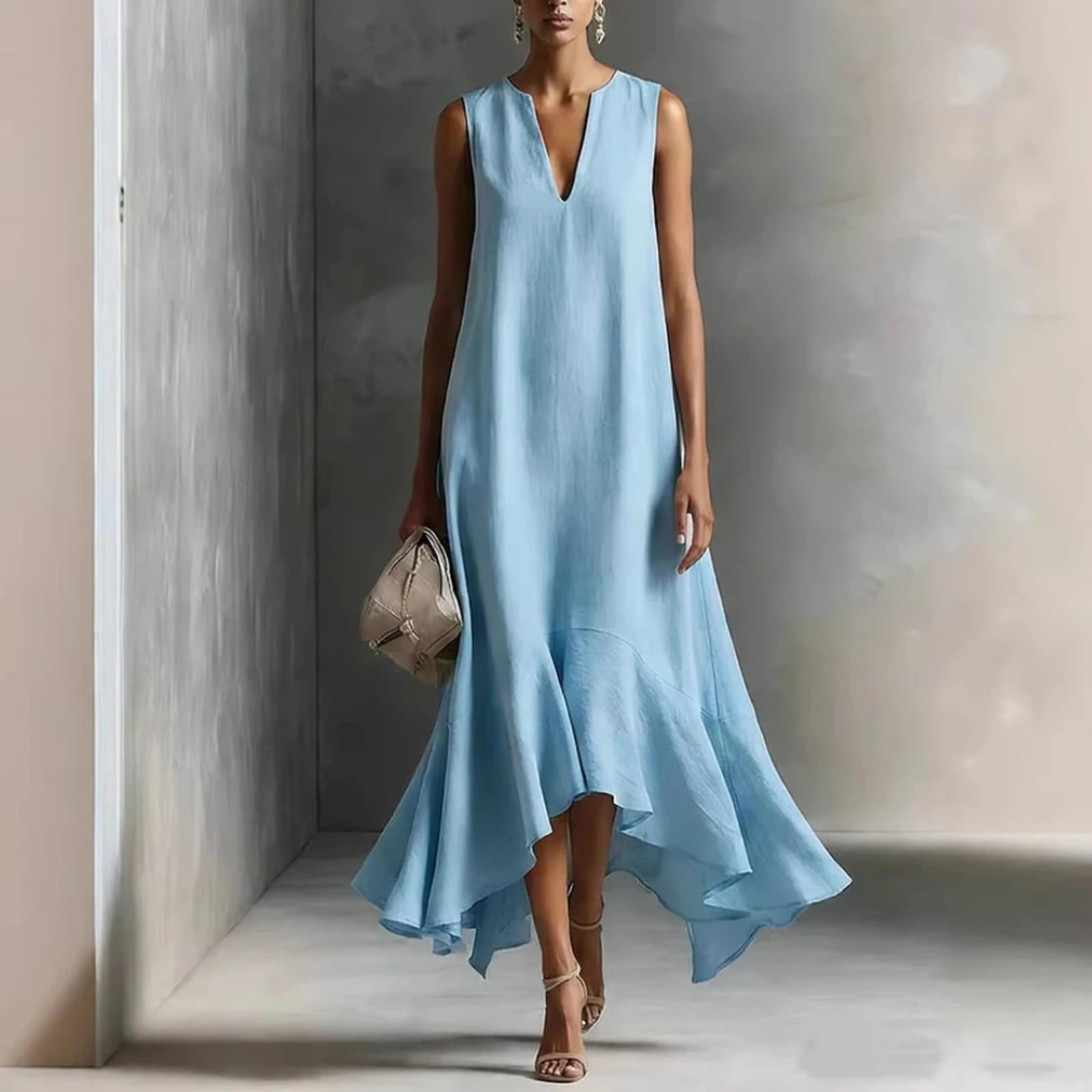 Vestido Casual de Escote en V Verano Casual Elegante y de Moda