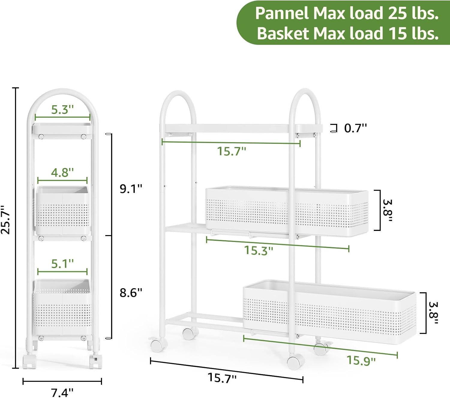 KINGRACK 3-Tier Slim Storage Cart with Pull Out Basket, Rolling Bathroom Organizer Utility, Metal Shelving Unit Slide Out, Lockable Wheels, Easy Assembly for Narrow Place, Kitchen, Laundry Room, White