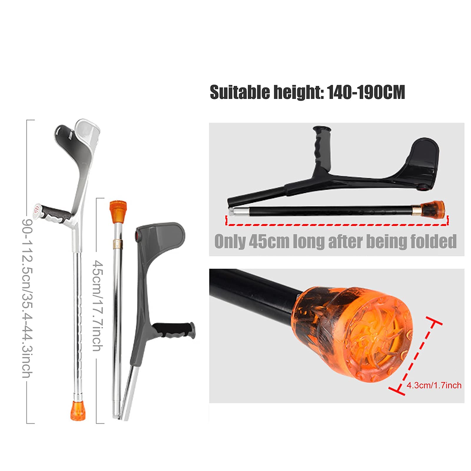 Muletas de Aluminio para antebrazo, muletas Plegables Plateadas/Negras para Adultos con Puntas Antideslizantes, muletas para Caminar, ayudas ergonómicas Ajustables para Caminar