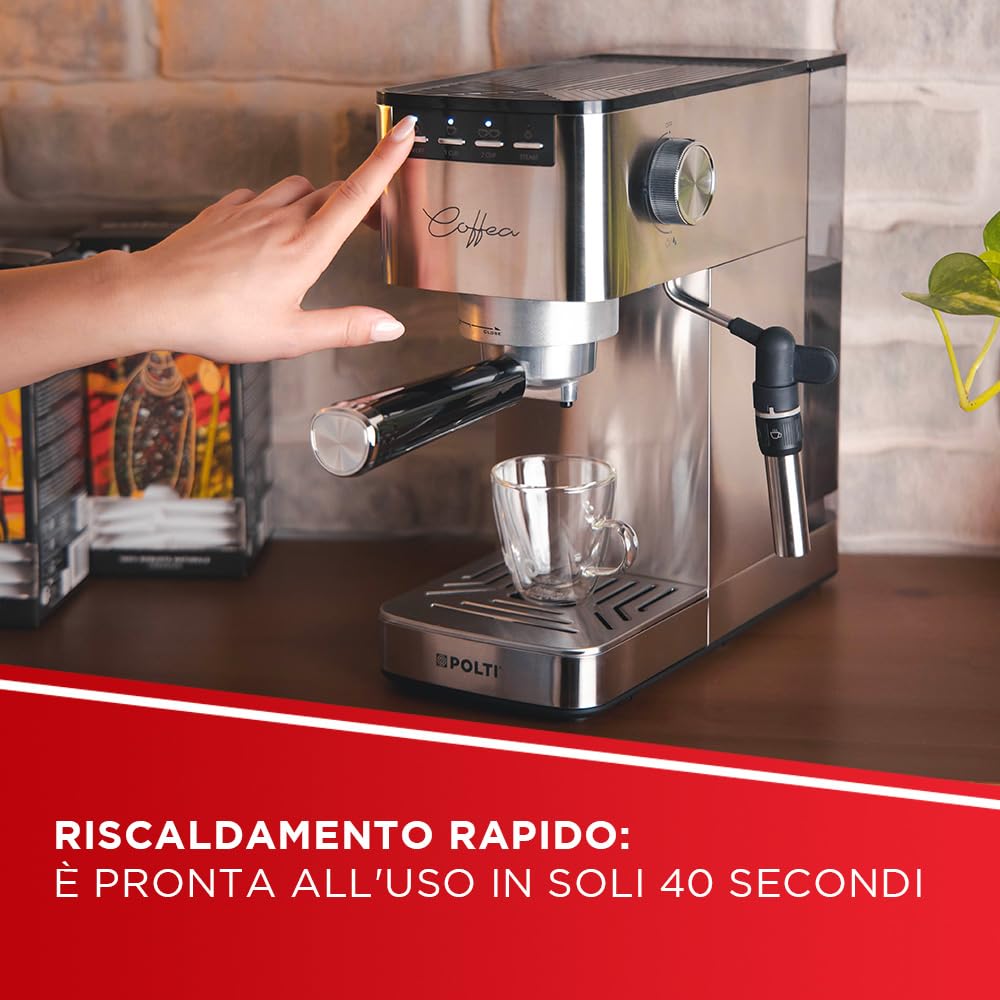 Polti Coffea P10S, Macchina Manuale per Caffè Espresso e Cappuccino, Compatibile con Caffè Macinato e Cialde E.S.E. 44 mm, Montalatte, Serbatoio Removibile da 1,3L, Argento