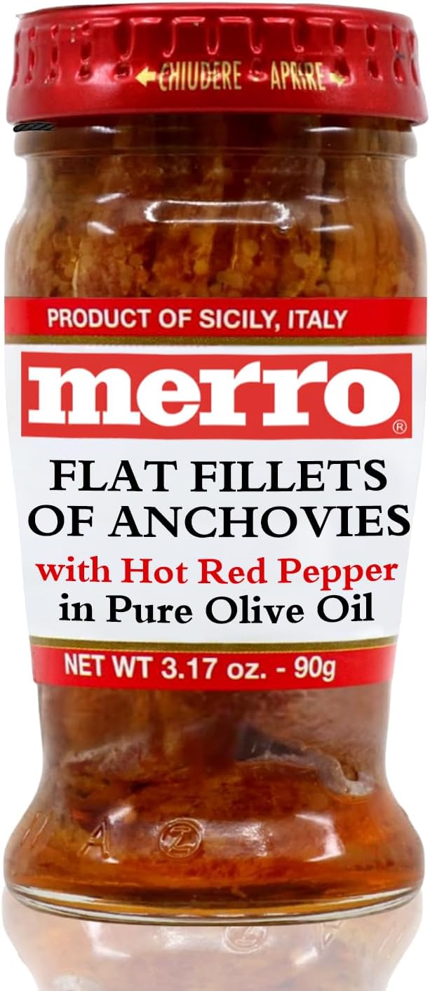 Merro Hot Anchovy Fillets in Olive Oil 3.1 oz – Imported Italian Anchovies with Hot Pepper, Bold Spicy Umami for Pasta, Pizza, Tapenade, Bagna Cauda & Gourmet Recipes