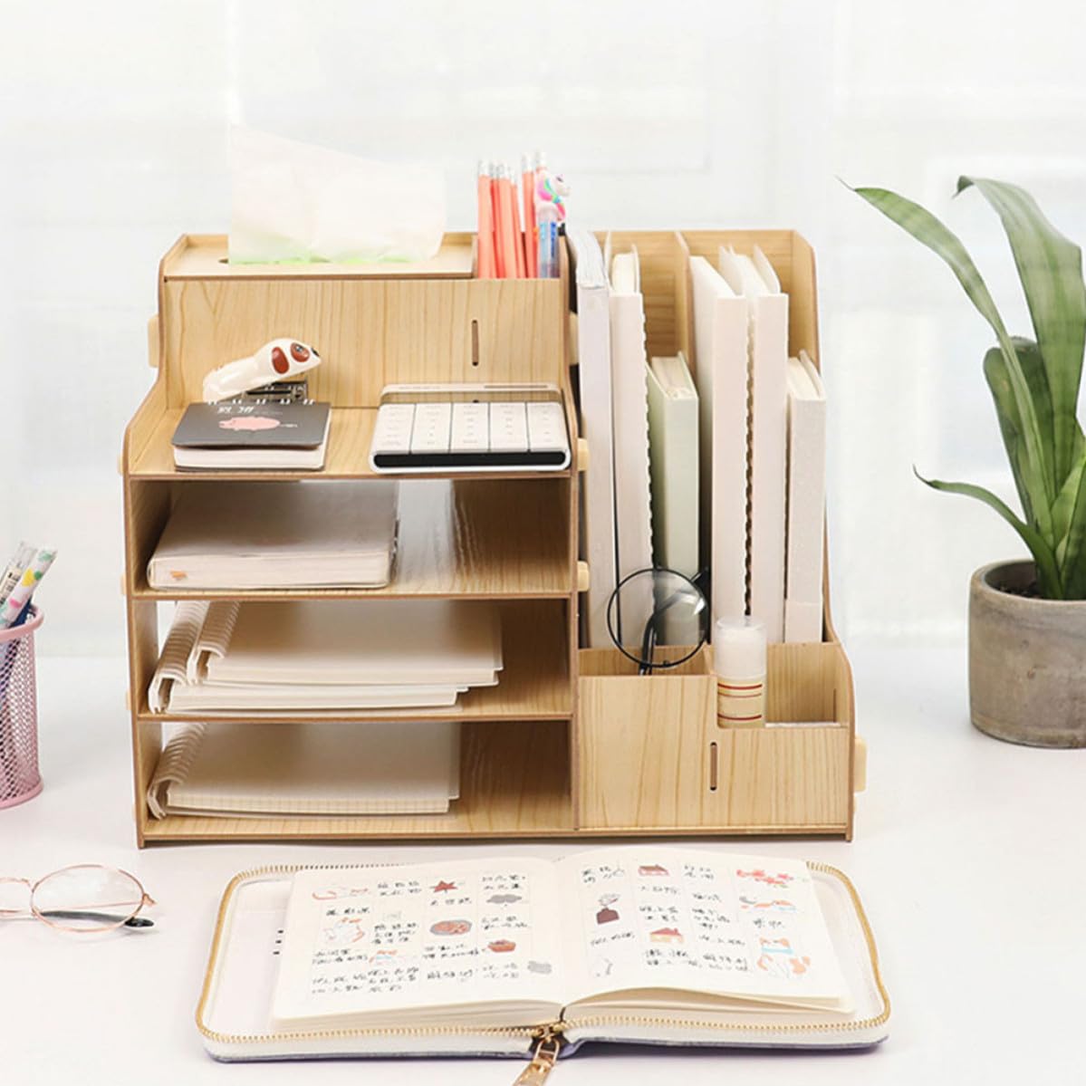 Artibetter Étagère à Documents en Bois Grand Compartiment Multi-sections pour Bureau, Organisateur de Documents Fonctionnel Grosse Capacité et Rangement Soigné