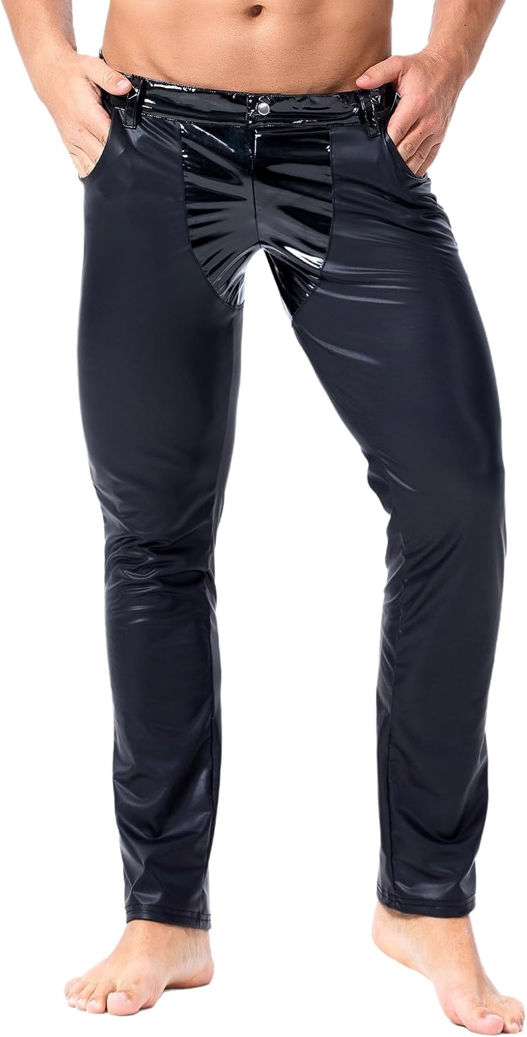 Adult Men Motorcycle Trousers Shiny Metallic Biker Pants Club Wear Faux Leather Wet Look Rave Outfits