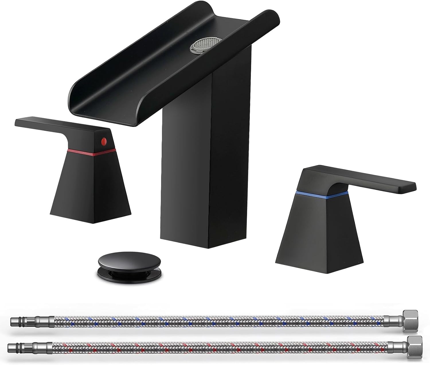 Matte Black Bathroom Faucet 3 Holes Two Handles Lavatory Vanity Sink Faucet Widespread 8 Inch Waterfall with Supply Hoses Stainless Steel