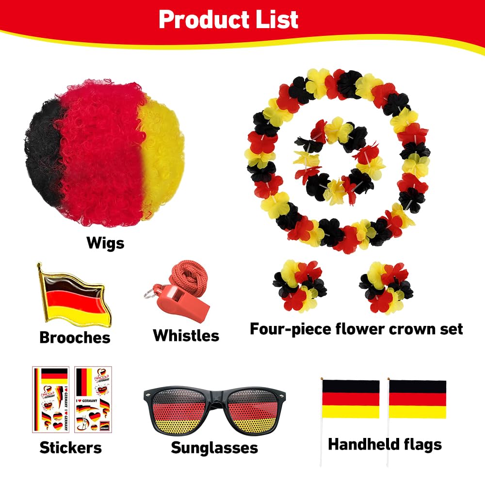 Deutschland Fanartikel Set für Fußball Wm 2026, 12 Teiliges Fanpaket EM Fußball mit Perücke Brille Girlanden Aufkleber Brosche Hand-Flaggen und Pfeife für Party Stadion Public Viewing - 2