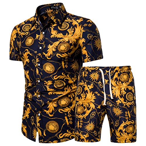 Kissqiqi Mens 2 Piece Hawaiian Shirt And Shorts Sets Tracksuit Casual Button Down Short Sleeve Floral Summer Outfits #TOP11
