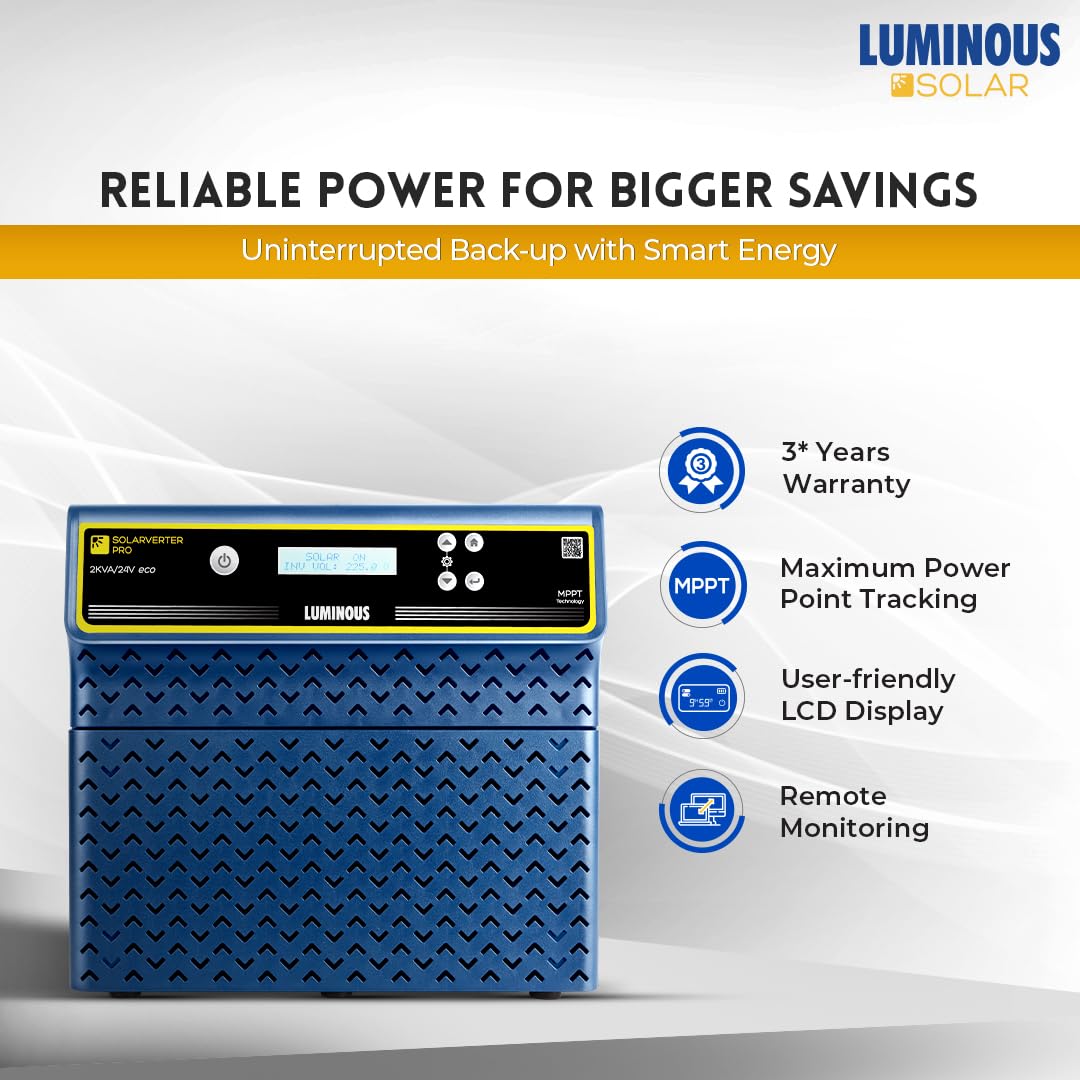 Luminous SOLARVERTER PRO 2KVA ECO highlighting features like 3-year warranty, MPPT, LCD display, and remote monitoring