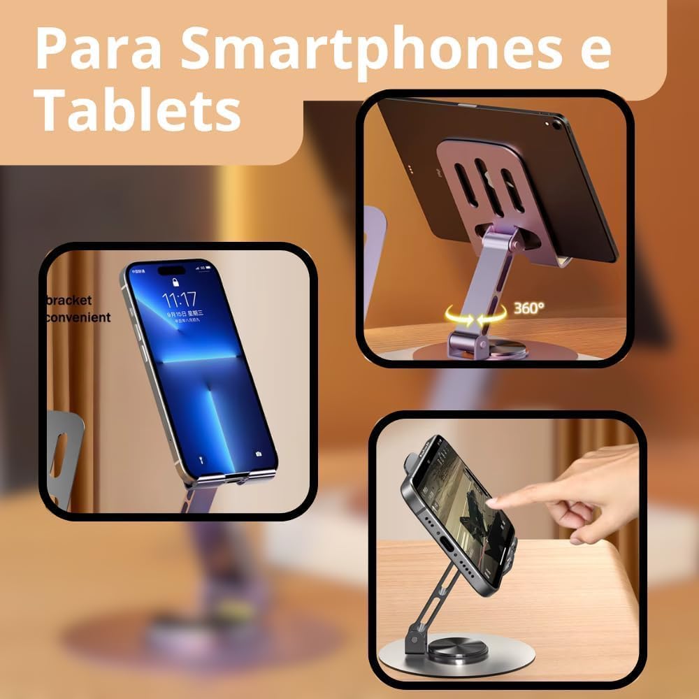 Suporte de Celular de Mesa em Alumínio com Base Rotativa 360° - Ajustável e Dobrável para Smartphones, iPhone, iPad e Tablets - Estável e Antiderrapante - Premium Metal