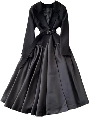 Korean Style Dress Womens Autumn Lapel Long Sleeves Belt Waist Pleated Elegant Dresses Female Black1 M