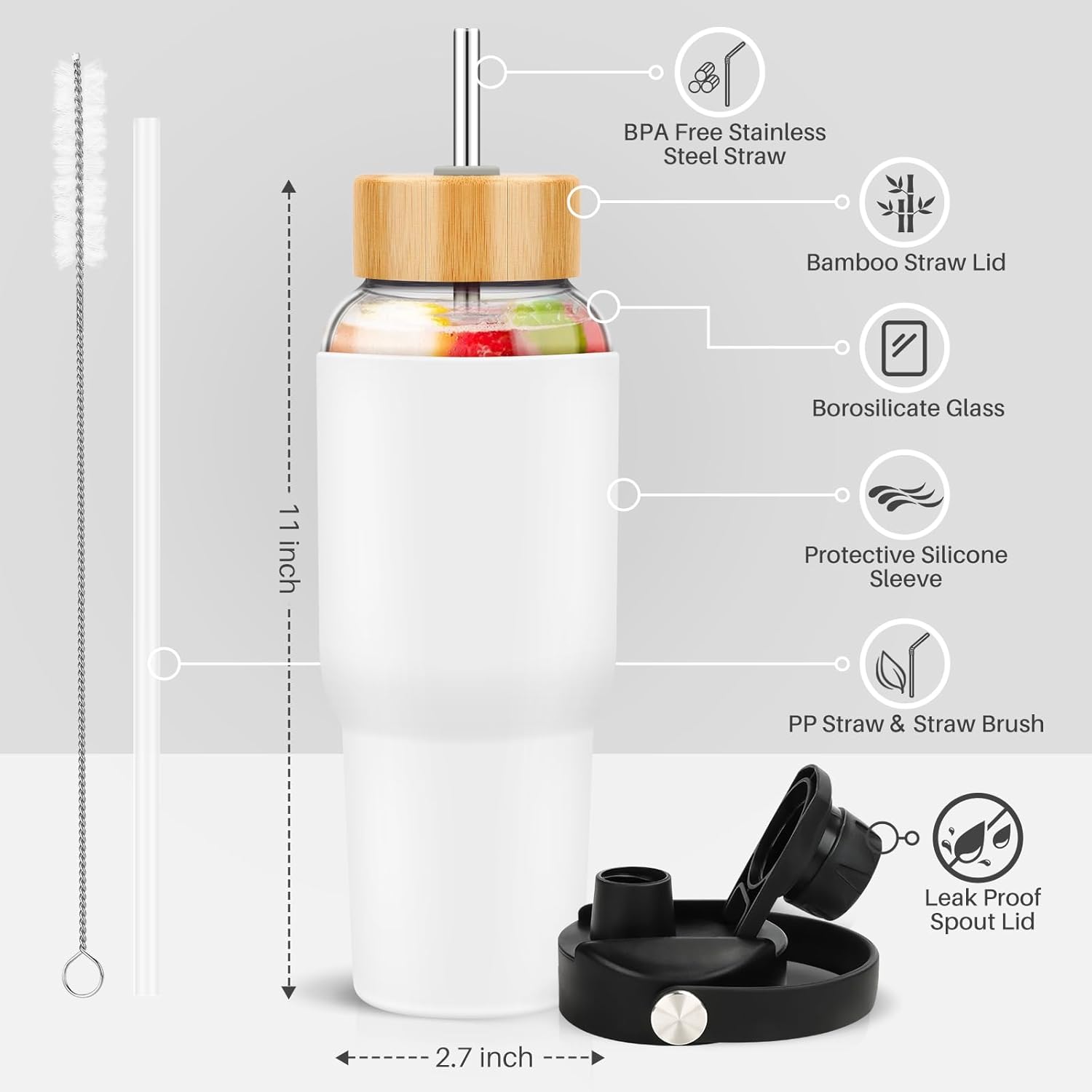 PROBTTL Glass Water Bottles 32 oz, 1 Liter Glass Tumbler, Borosilicate Water Bottle with Straw, Silicone Sleeve, 2 Lids - Handle Spout & Bamboo Straw Lid, Fits Car Cup Holder (White)