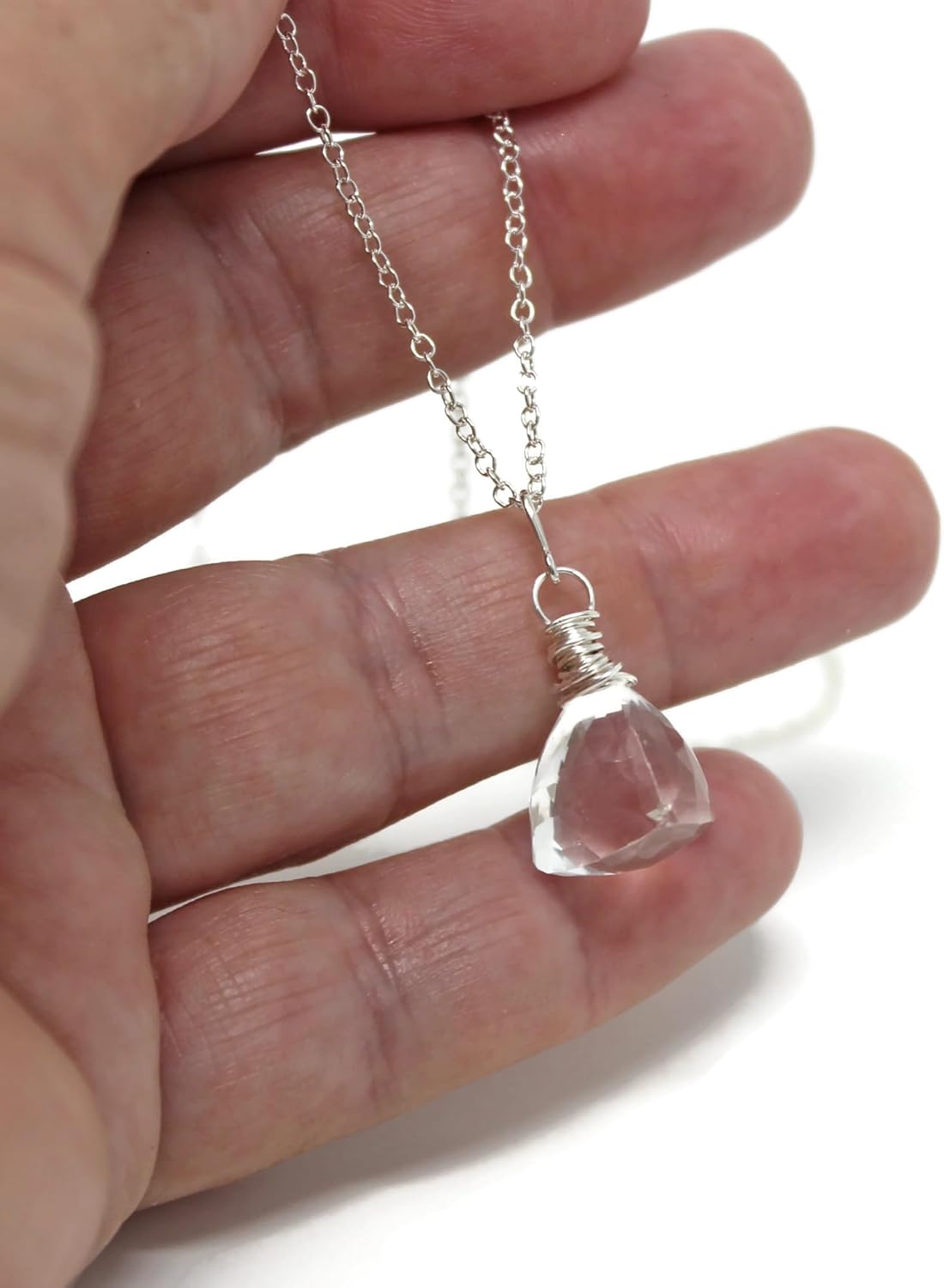 Clear Crystal Quartz Necklace Sterling Silver Trilliant Gemstone Briolette Pyramid 20 Inches - Image 4