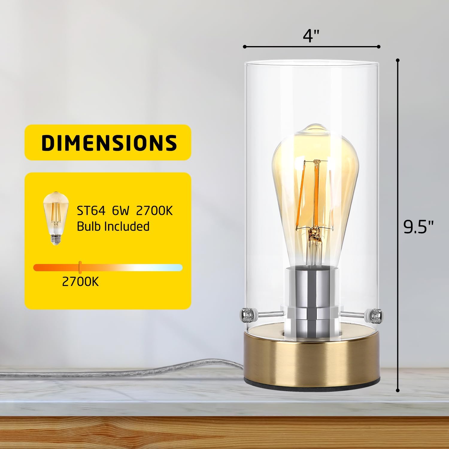 Table Lamp for Bedroom Living Room, Bedside Modern Nightstand Lamp with Glass Lamp Shape, 2700K 6W Glass Bulb Included(Gold).