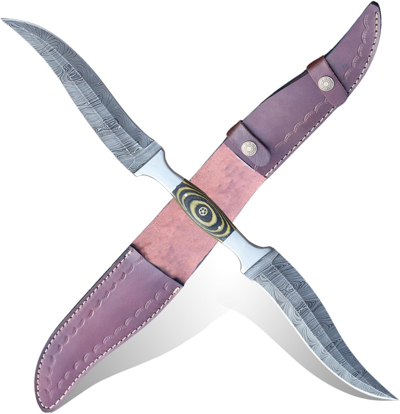 Double Blade Hunting Knife, Haladie Knife Sharp Double Edged Damascus Steel Blade with Wooden Handle, Double Sided Knife Comes with Leather Sheath, Best for Hunting, Camping