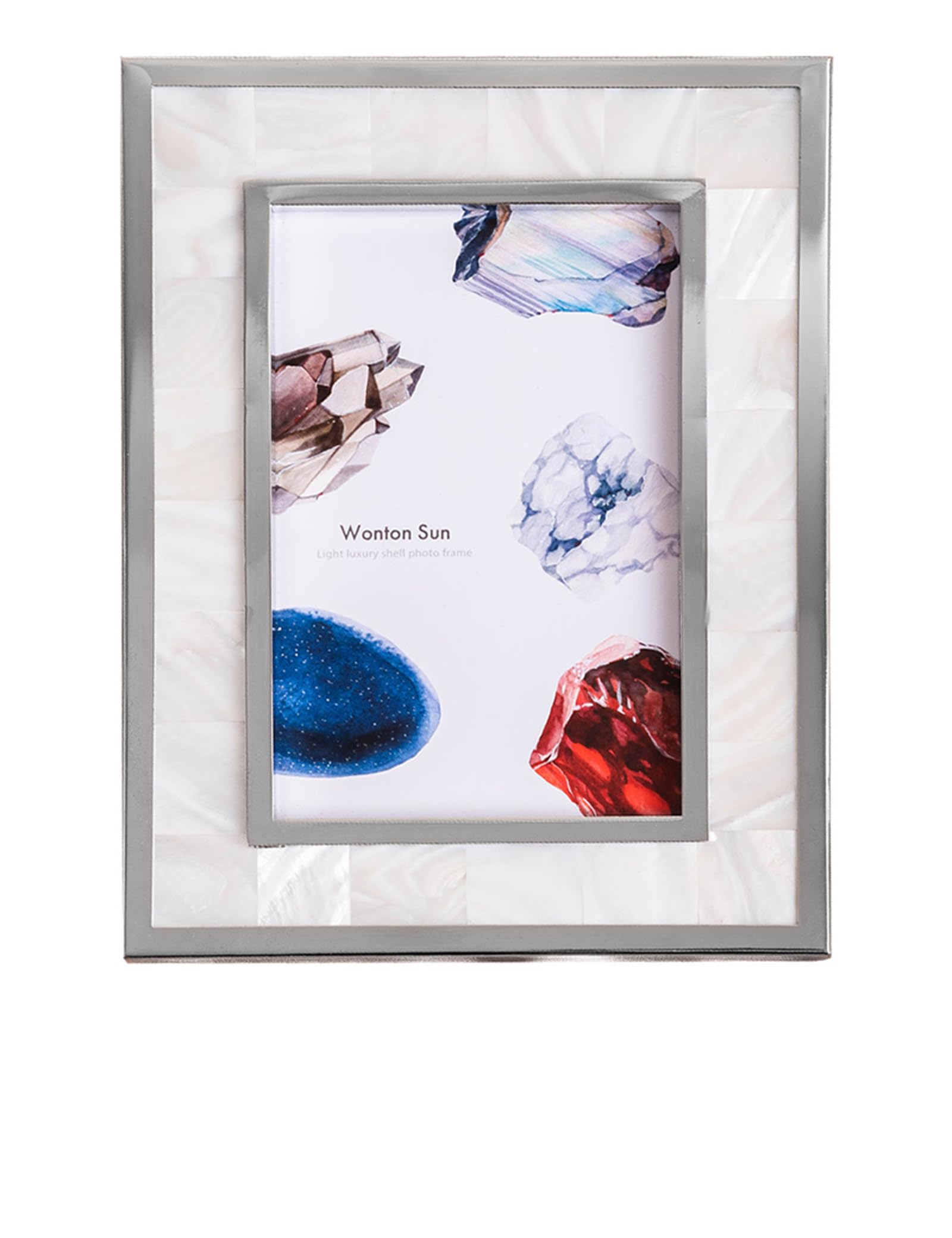 JIANCHEN Mother of Pearl Picture Frame, Natural Shells Mosaic Picture Frame, Metal Frame Ornate Picture Frames Tabletop Photo Frame,Silver,5x7