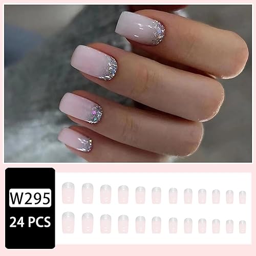 Miniatura 4 de Uñas postizas cuadradas rosadas a presión de longitud media con lentejuelas brillantes, uñas acrílicas de cobertura completa, uñas de ataúd