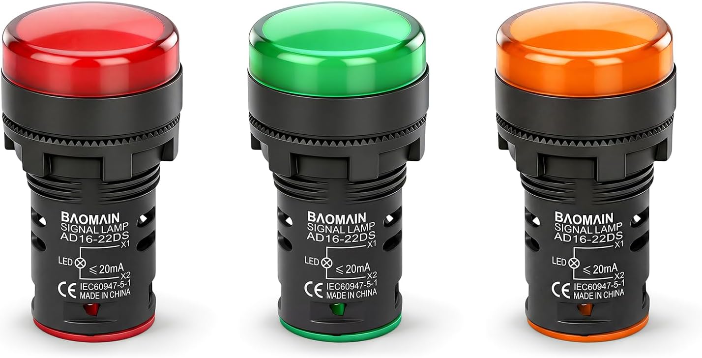 BAOMAIN 22mm LED Industrial Indicator Light,220V AC Pilot Signal Lamp for Industrial Machinery Control Circuits,7/8" Panel Mount, Screw Terminal,3-Color Red,Green,Yellow