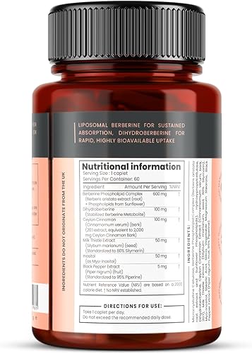 Miniatura 6 de pureclinica Complejo de berberina de doble fuerza, 700 mg de berberina activa, dihidroberina, canela de Ceilán, cardo mariano, 60 comprimidos, alta