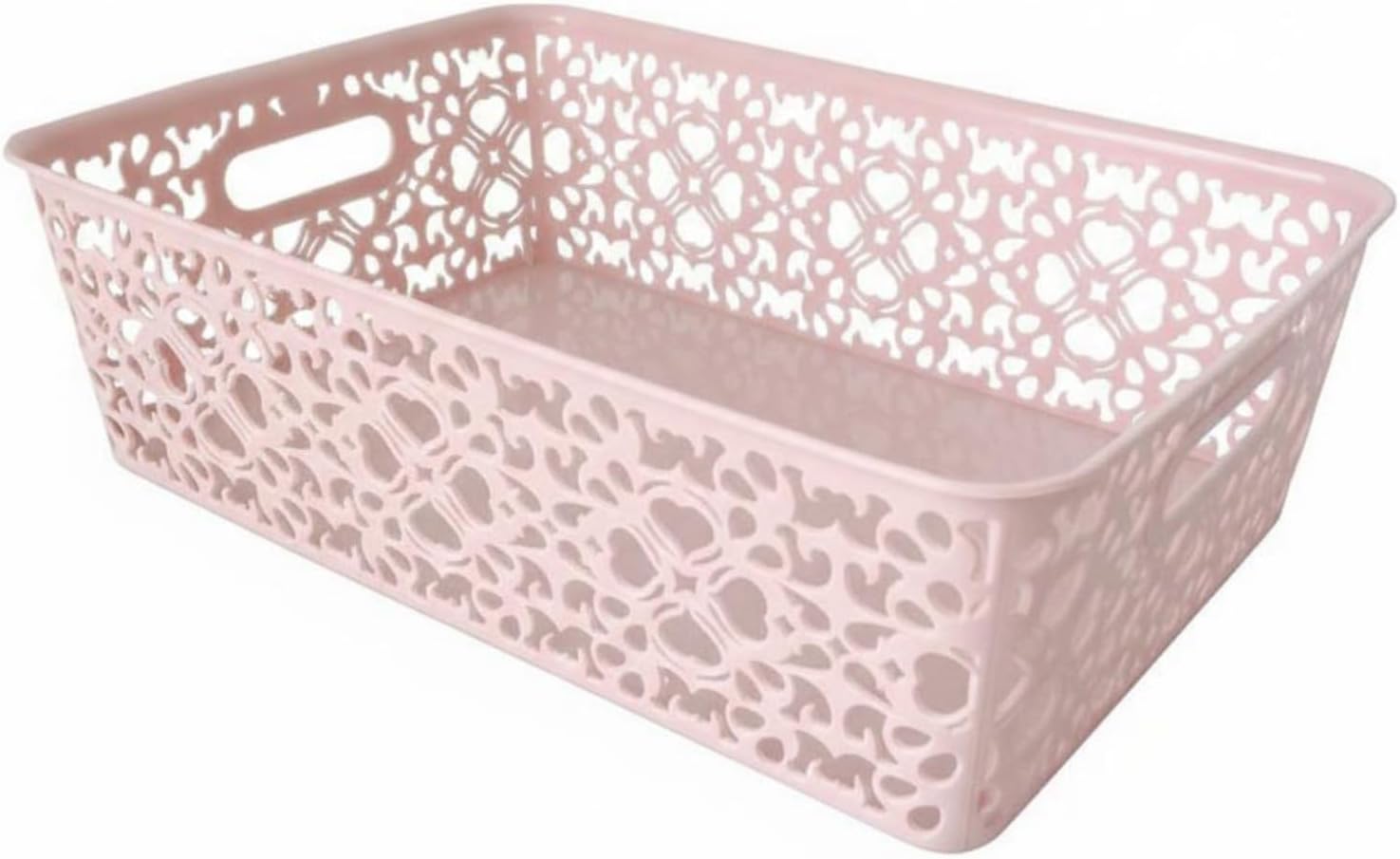 Underwear Organizer Storage Bin with Lid Hollow-Out Basket Lace Pattern Sturdy Construction Built-in Handles Suitable for Closet Bedroom Office, Pink, L