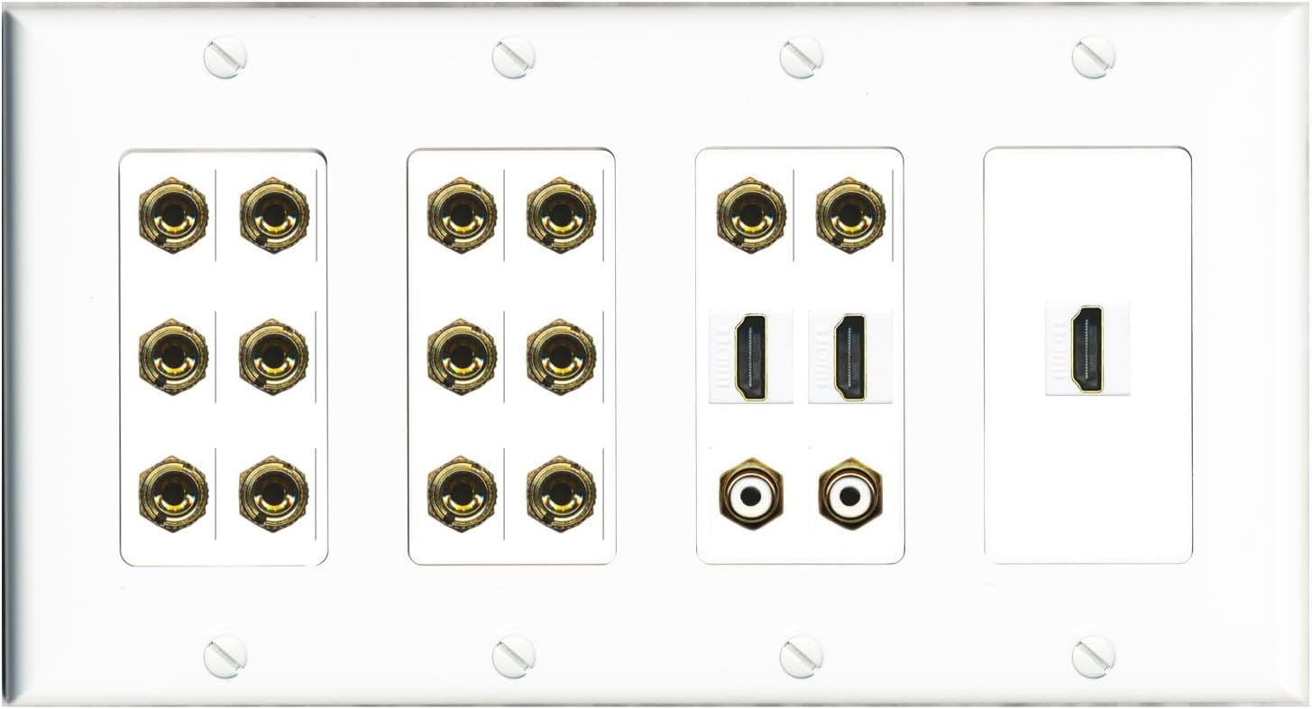 RiteAV 7.2 Surround Sound 7 Speaker 14 Banana Plug Jack Wall Plate w/ 2 RCA Subwoofer + 3 HDMI Female Connectors - 4 Gang [Black]