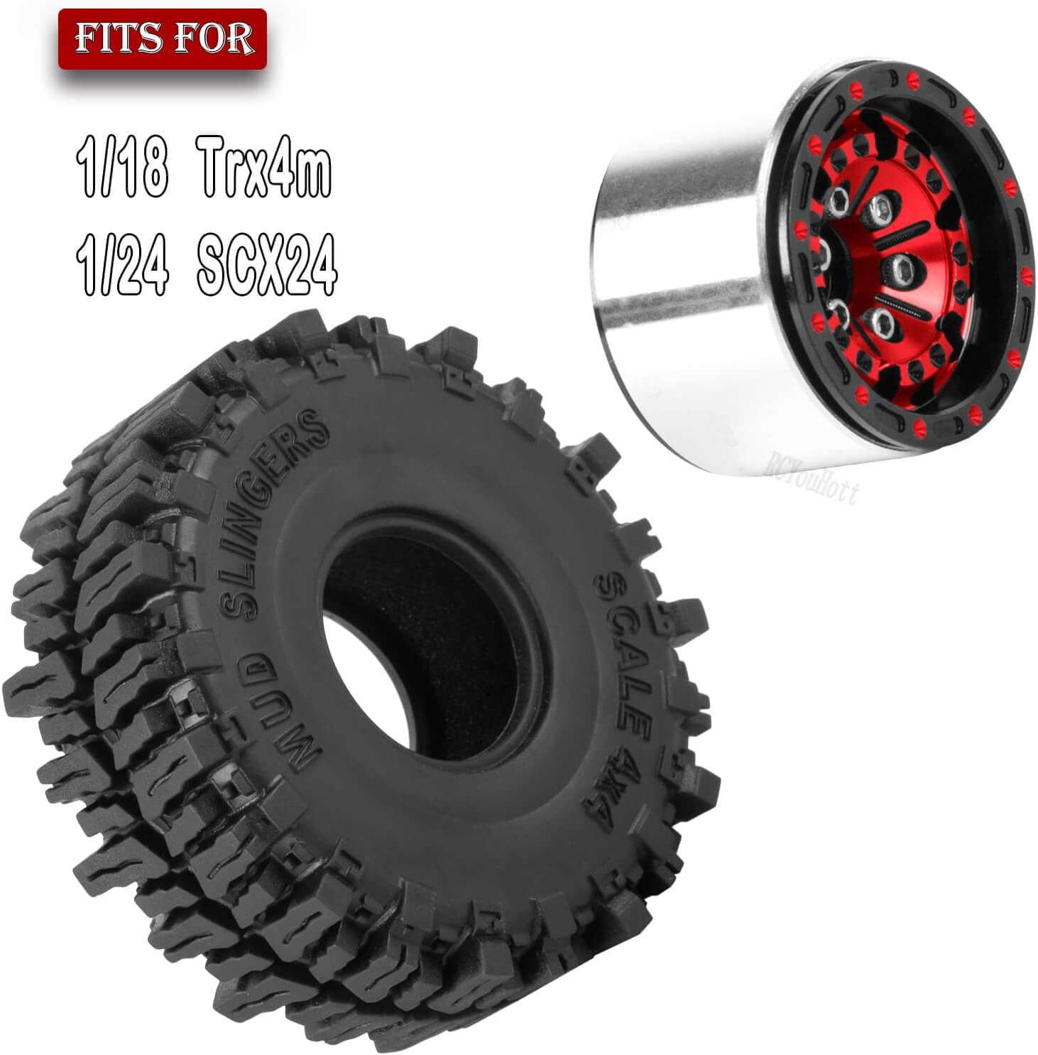 RC Aluminum (4PCS) 1.0 Wheel Rim Soft Rubber Tires&1.0 Beadlock Wheel Rim&Wheels Tires for 1/18 1/24 Trx4m SCX24 RC Crawler Car,Red